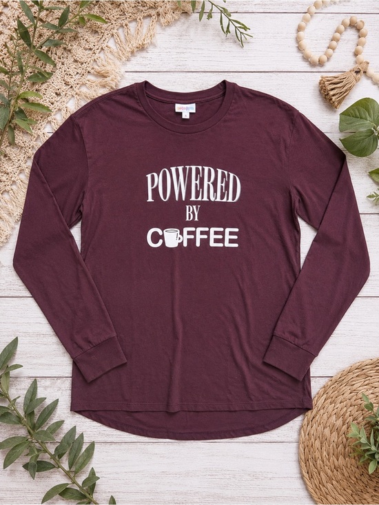 LuLaRoe Tops - LuLaRoe Hudson Long Sleeve Tee Small “Powered by Coffee” Graphic Super Soft